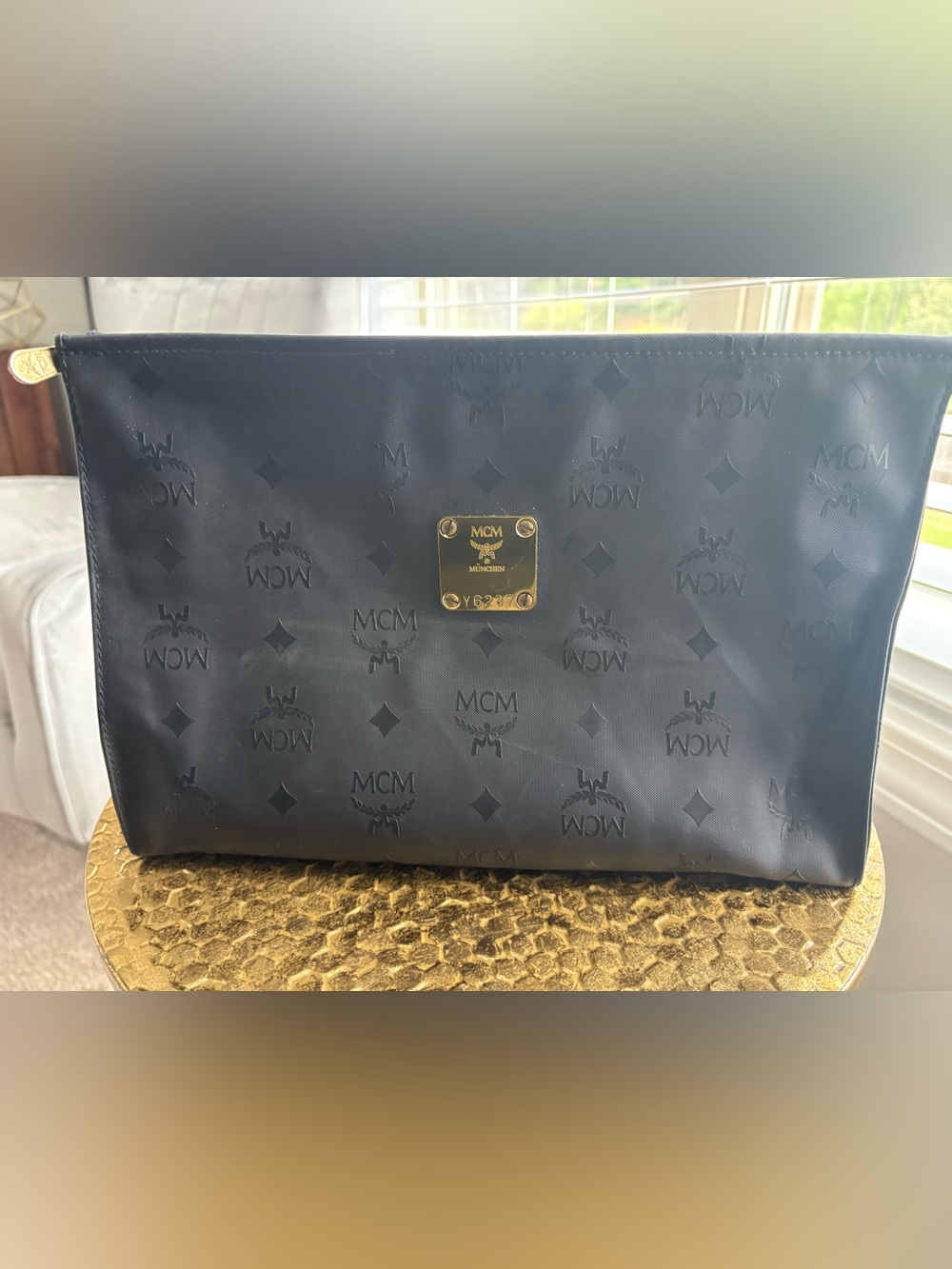 MCM Black Embossed Logo Toiletry Bag with Gold Plaque